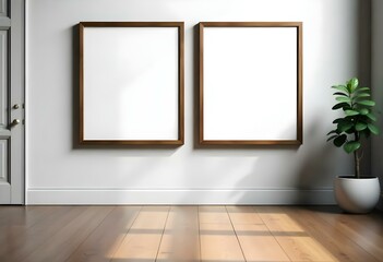 Two wooden framed empty picture frames hanging on a white wall above a wooden floor.