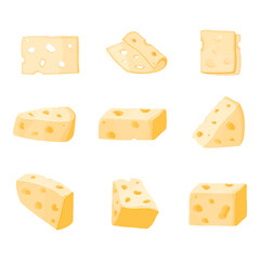 Set of cheese pieces and slices isolated on a white background. Cheese icon
