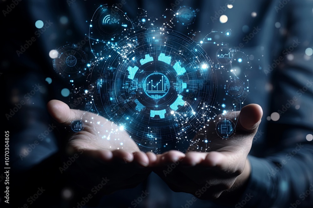 Poster a person holds glowing digital symbols representing data analysis and technology in a modern setting