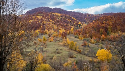 Fototapeta premium Scenic autumn landscape with colorful trees and rolling hills under a blue sky in a rural area