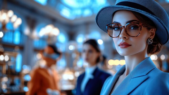 A sophisticated woman in fashionable attire and vintage glasses is seen in a luxurious setting, embodying elegance and style at an opulent gathering.