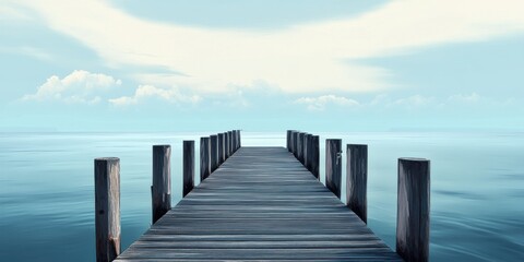 Obraz premium Tranquil wooden pier extending into calm blue waters under a serene sky with fluffy clouds in a peaceful coastal setting
