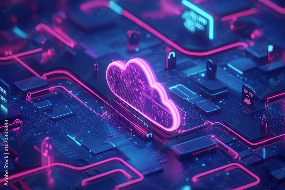 Poster illuminated cloud network concept with vibrant neon colors over a circuit board in a technology-them