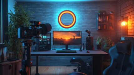 Bright, Spacious Streaming Studio Setup with Professional Camera, Microphone, and Ring Light Around a Computer, Featuring Modern Design, Clean Aesthetic, and Vibrant Neon Accents