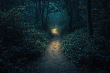 Obraz premium A serene forest path illuminated by soft light at dusk