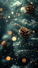 Fototapeta premium Pine tree branches adorned with golden pinecones and soft glowing lights during a festive winter celebration at night