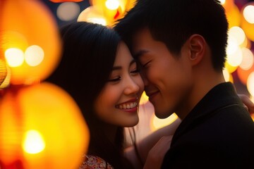 An Asian couple embraces lovingly under a canopy of romantic lights, surrounded by warmth and joy. Their smiles reflect deep affection on a tranquil evening filled with beautiful lanterns.