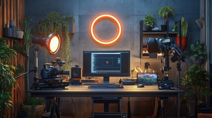 Bright, Spacious Streaming Studio Setup with Professional Camera, Microphone, and Ring Light Around a Computer, Featuring Modern Design, Clean Aesthetic, and Vibrant Neon Accents