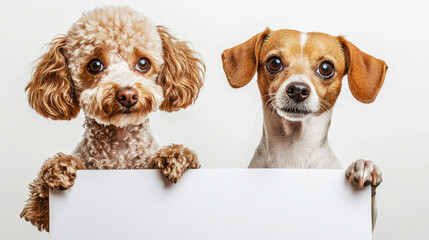 Two adorable dogs posing for a portrait with a blank sign against a simple background during a bright indoor setting