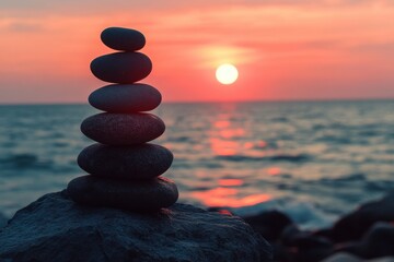 Stones standing on top of each other against the backdrop of a sunset on the seashore