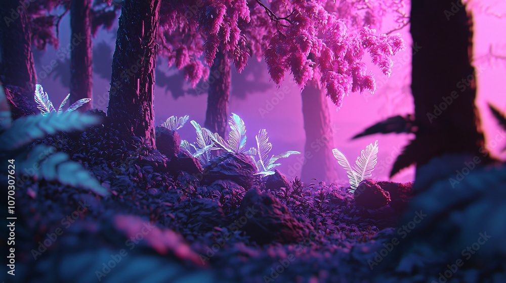Poster explore a futuristic forest where nature and advanced technology harmoniously coexist in a vivid lan