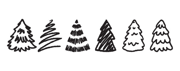 christmas trees set, black shape doodle vector illustration isolated on white background, flat design, hand drawn elements for christmas decoration,poster,cards,prints,banner,background