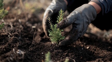 Close up of landscaper or gardener hands working soil with new young plant or seedling. Environment, planet or Earth Day.