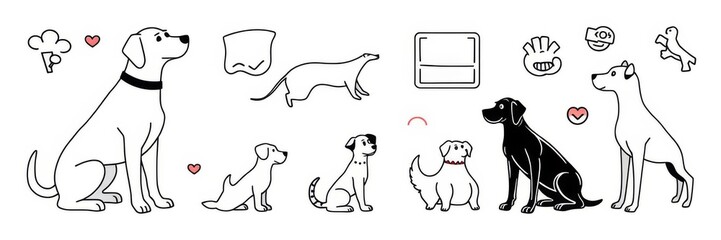 A set of outline dog training icons in vector format on a white background, print media, creative