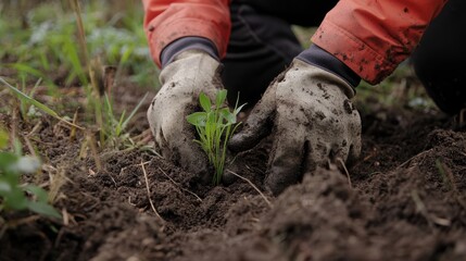 Close up of landscaper or gardener hands working soil with new young plant or seedling. Environment, planet or Earth Day.