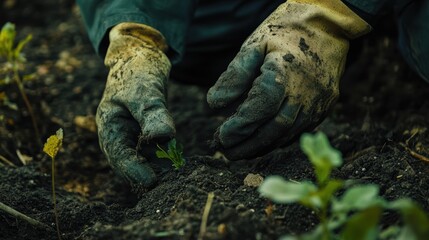 Close up of landscaper or gardener hands working soil with new young plant or seedling. Environment, planet or Earth Day.