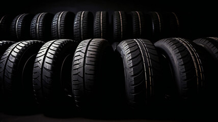 Car tires on dark background, selling tires, tire store banner	