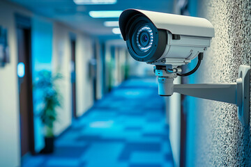 Security camera monitoring an office corridor in a modern building