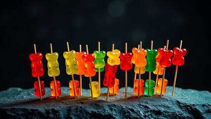 A colorful array of gummy bear candies impaled on wooden skewers, arranged on a dark textured surface.