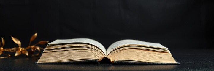 A stack of luxurious leather bound books with intricate gold decorations on a black background, perfect for educational or creative projects, media, black