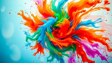 A vibrant explosion of liquid colors creates a mesmerizing swirl of blue, green, orange, and pink, with a soft blue backdrop adorned with subtle bokeh effects.