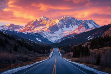 Scenic mountain road at sunset with vibrant sky and snow-capped peaks