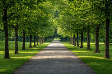 Obraz premium Serene tree-lined pathway in a lush green park during daytime