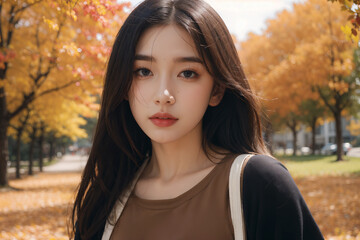 Fototapeta premium Autumn photo of a beautiful Asian woman
