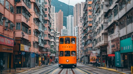 Obraz premium Vintage Orange Tram Navigating a Dense Corridor of High-Rises in a Bustling Urban Landscape.