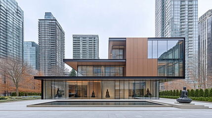 Obraz premium Modern Architectural Design Featuring Sleek Glass and Copper Elements in an Urban Setting Surrounded by Skyscrapers