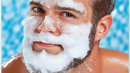 Fototapeta premium Young Man With Foam on His Face Enjoying a Refreshing Wash While Smiling in a Bright Bathroom