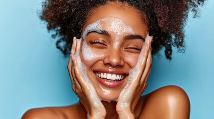 Young Woman Enjoying a Refreshing Facial Cleansing Routine With Foam on Her Skin Against a Light Blue Background