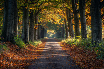 Colorful autumn path through a tranquil forest in the afternoon