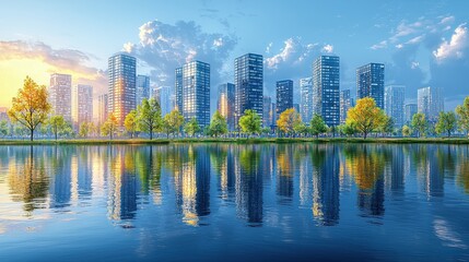 Naklejka premium A vibrant city skyline reflects off a serene lake with lush trees, showcasing a harmonious blend of nature and urban architecture.