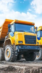 Obraz premium Heavy Duty Dump Trucks Lined Up on Construction Site, Powerful Industrial Vehicles for Moving Earth.