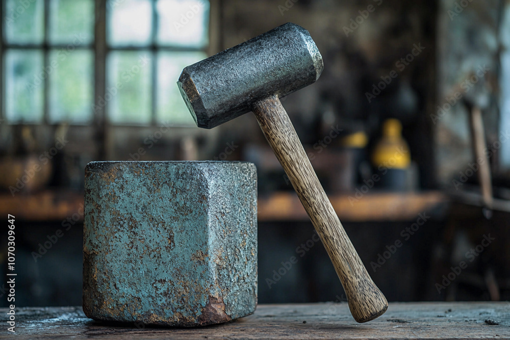 Poster old hammer and block resting on a workbench in a rustic workshop