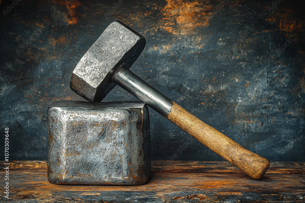 Aufkleber heavy hammer resting on a steel block in a workshop setting