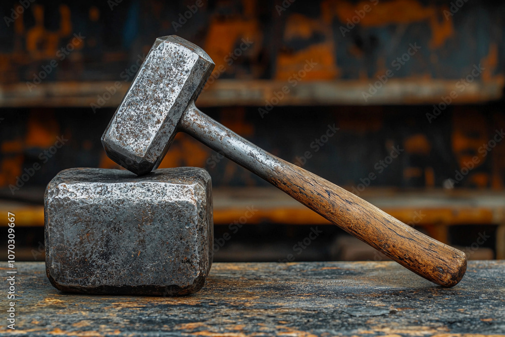 Poster heavy hammer resting on an anvil in a rustic workshop