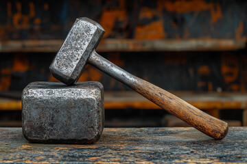 Heavy hammer resting on an anvil in a rustic workshop