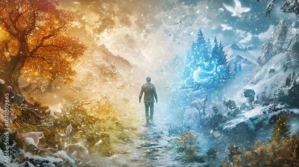 Poster explore the ethereal journey of a figure moving through layers of nature's splendor and change