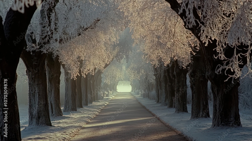 Aufkleber a snow-covered path lined with frost-covered trees leads towards a bright, hazy light at the end of 
