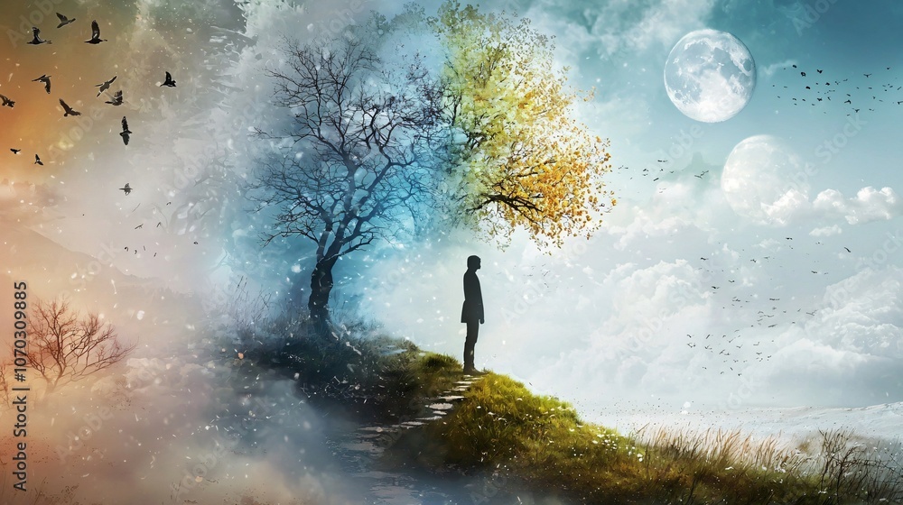 Aufkleber explore the ethereal journey of a figure moving through layers of nature and emotion in a surreal la