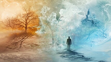Fototapeta premium A figure mysteriously moves through ethereal layers of colorful seasons blending nature's beauty and enchantment