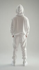 Obraz premium Person wearing white hoodie and sweatpants standing against a plain background in minimalist setting