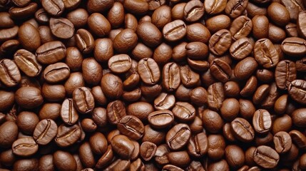 Fototapeta premium Dark roasted coffee beans spread across a wooden surface highlight their rich color and aroma, inviting coffee lovers to indulge in a fresh brew or aromatic blend