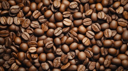 Fototapeta premium Freshly roasted coffee beans arranged in a close-up view showcasing their rich color and texture, perfect for brewing aromatic beverages in any kitchen