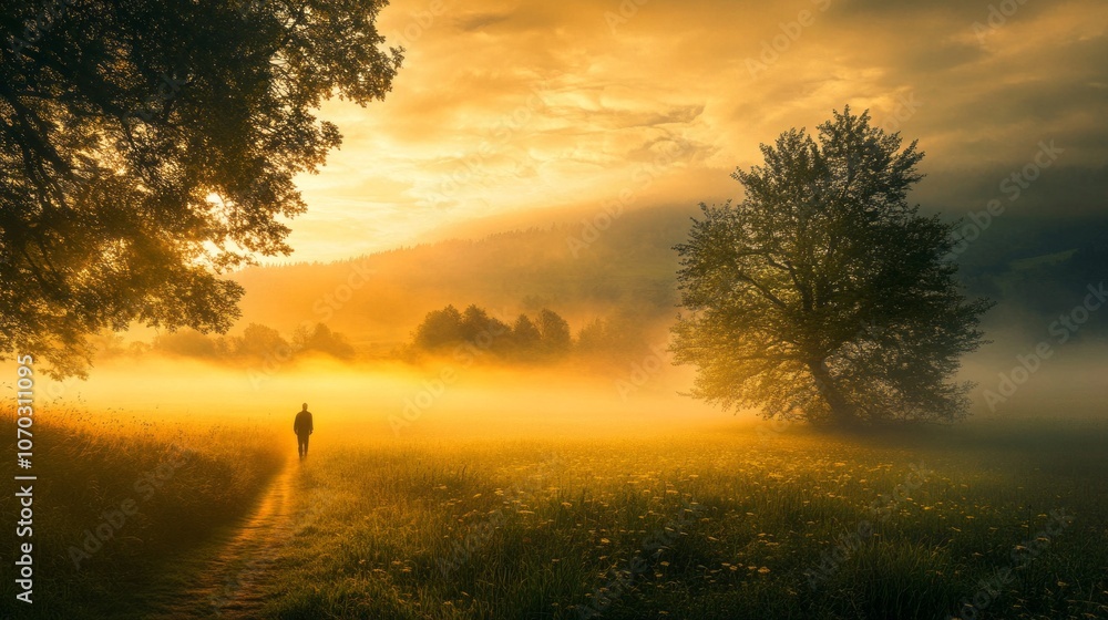 Poster A person is walking in a field with trees in the background