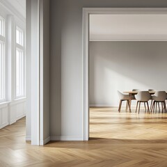 A large room with a white wall and a white door