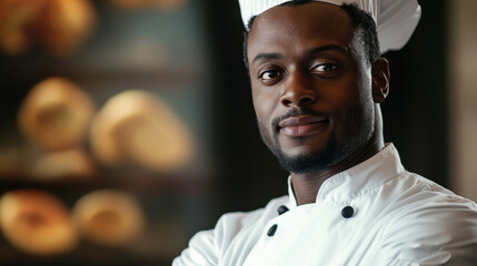 Skilled chef in a restaurant kitchen wearing a white uniform and hat, showcasing culinary expertise and professionalism in a bustling environment filled with baked goods