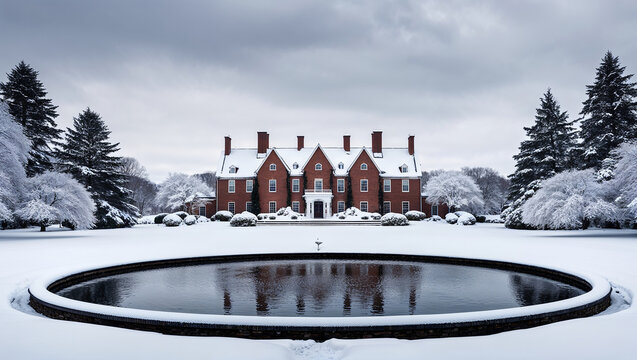 Majestic snowy mansion with fountain at the entrance framed